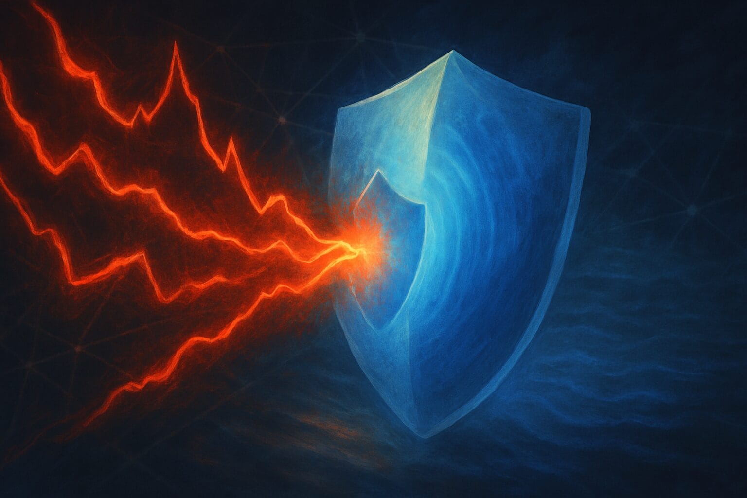 Digitale Illustration eines leuchtend blauen Schutzschilds, das rote Schockwellen einer Finanzkrise absorbiert. Die Wellen treffen auf das Schild und werden dahinter in ruhige, blaue Wellen umgewandelt. Im Hintergrund ein dunkles, abstraktes Netzwerk, das das globale Finanzsystem symbolisiert.