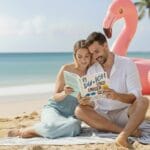 Ein glückliches, junges Paar sitzt entspannt am Sandstrand und liest gemeinsam den Finanzratgeber 'Du + Ich und unser Geld', während ein großer pinker Flamingo neugierig über ihre Schulter ins Buch schaut.