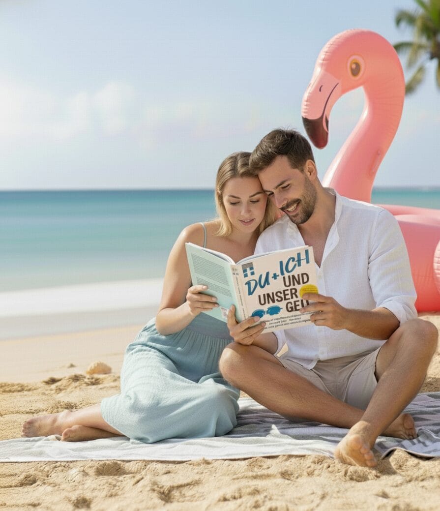Ein glückliches, junges Paar sitzt entspannt am Sandstrand und liest gemeinsam den Finanzratgeber 'Du + Ich und unser Geld' von Clemens Schömann-Finck, während ein großer pinker Flamingo neugierig über ihre Schulter ins Buch schaut.