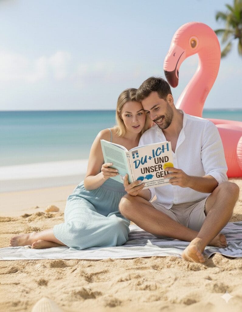 Ein glückliches, junges Paar sitzt entspannt am Sandstrand und liest gemeinsam den Finanzratgeber 'Du + Ich und unser Geld' von Clemens Schömann-Finck, den man hier gewinnen kann, während ein großer pinker Flamingo neugierig über ihre Schulter ins Buch schaut.