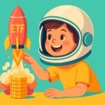Kind mit Astronautenhelm startet eine ETF‑Rakete von einem Stapel Münzen – Symbol für frühzeitiges Investieren im Kinderdepot