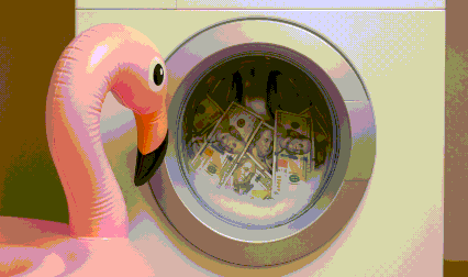 Flamingo MoPy bei der Geldwäsche (satirisches GIF)