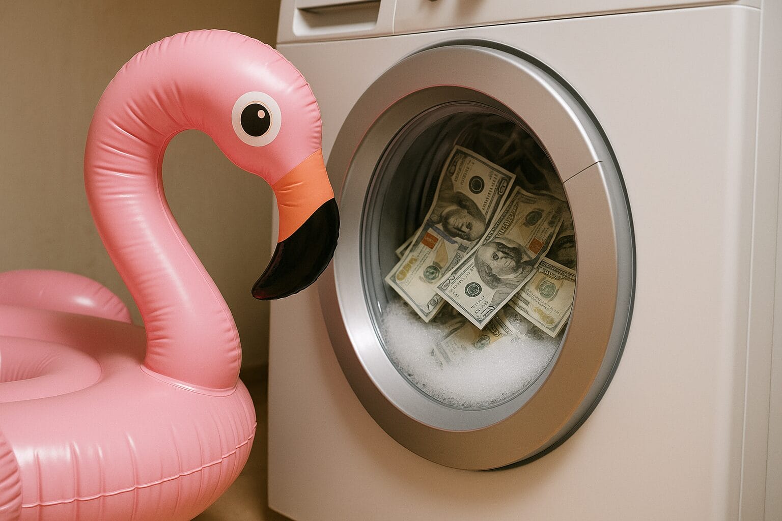 ufblasbarer pinker Flamingo blickt neugierig in eine Waschmaschine, die mit Geldscheinen und schäumendem Wasser gefüllt ist – humorvolle Darstellung des Themas Geldwäsche.
