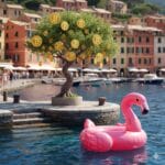 MoPy-Flamingo-in-schoenem-Hafen-mit-an-Baeumen-wachsenden-Bitcoin-Muenzen