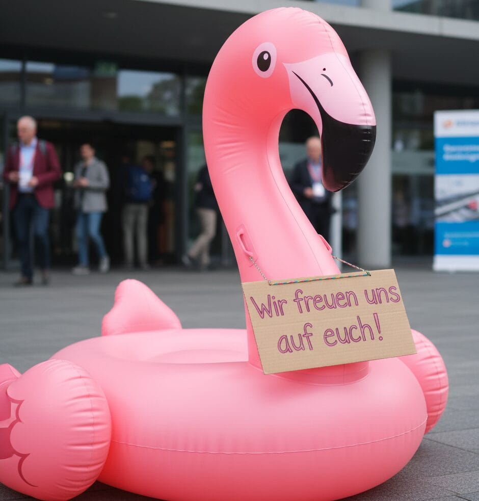 Mopy-Flamingo-mit-Schild-Wir-freuen-uns